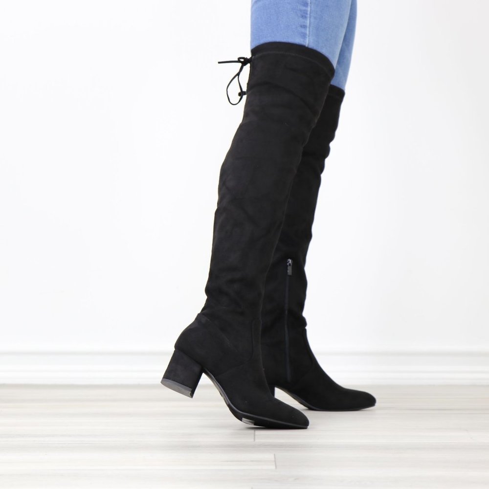 Black Faux Suede Pointy Toe Thigh High Over The Knee Low Block Heel Boots_6